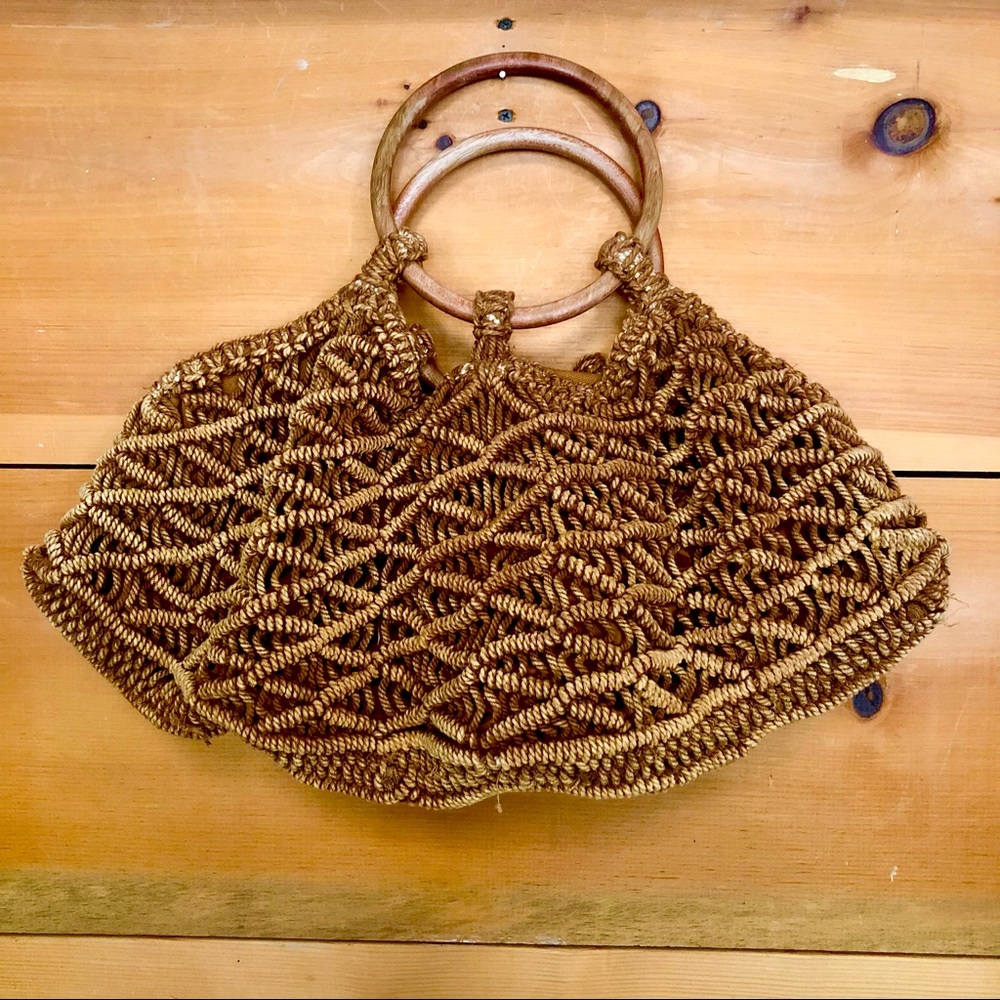 Free People brown macrame 60s  70s vintage style retro beach purse bag c…